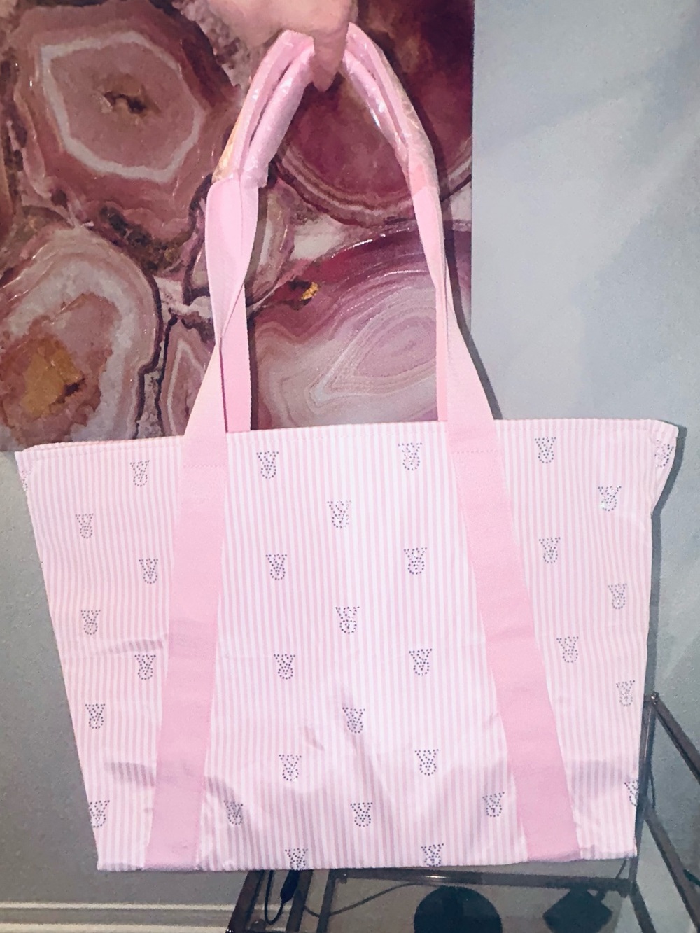 Victoria's Secret Pink Striped Tote with ✨ Monogram Accents